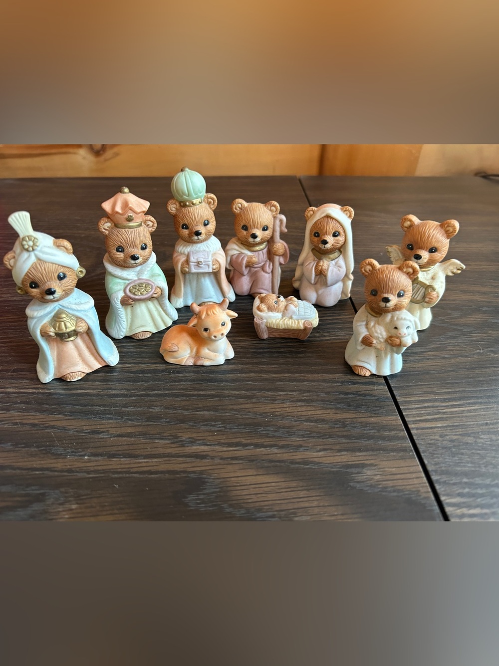 Vintage Homco Pastel Bear Nativity Set - Brown and Cream with Soft Pastels